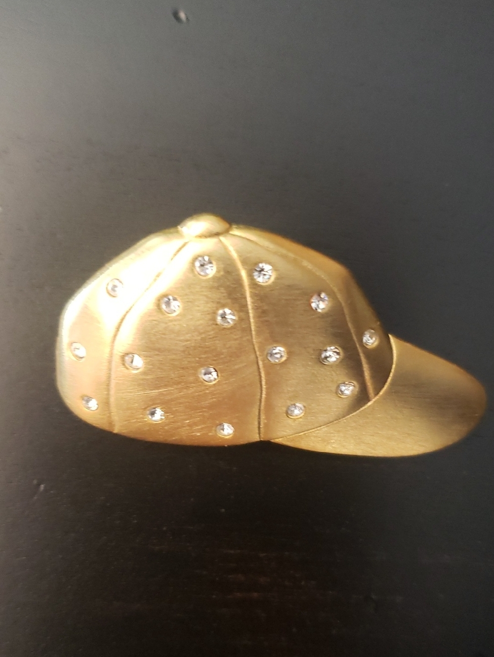 Vtg JJ/Jonette Jewelry - Gold Baseball Cap Brooch with Rhinestones